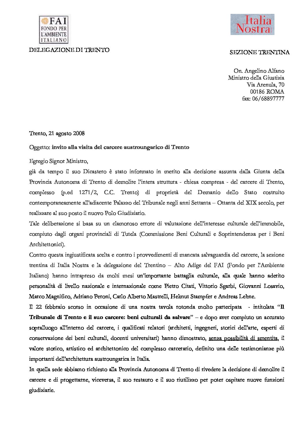 Carcere di Trento – Lettera con invito al Ministro Alfano