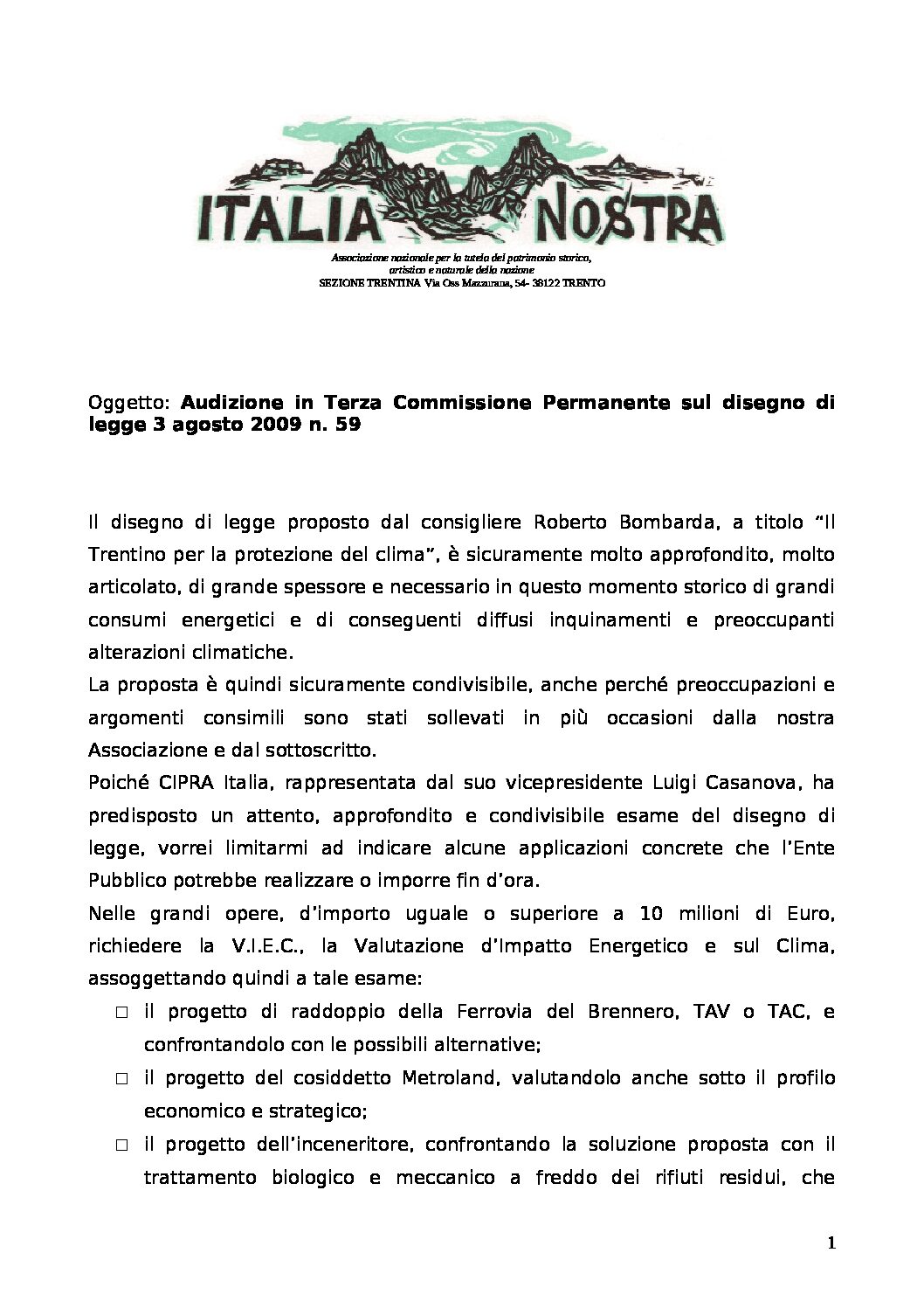 “Il Trentino per la protezione del clima”, disegno di legge 3 agosto 2009 n. 59 – Osservazioni