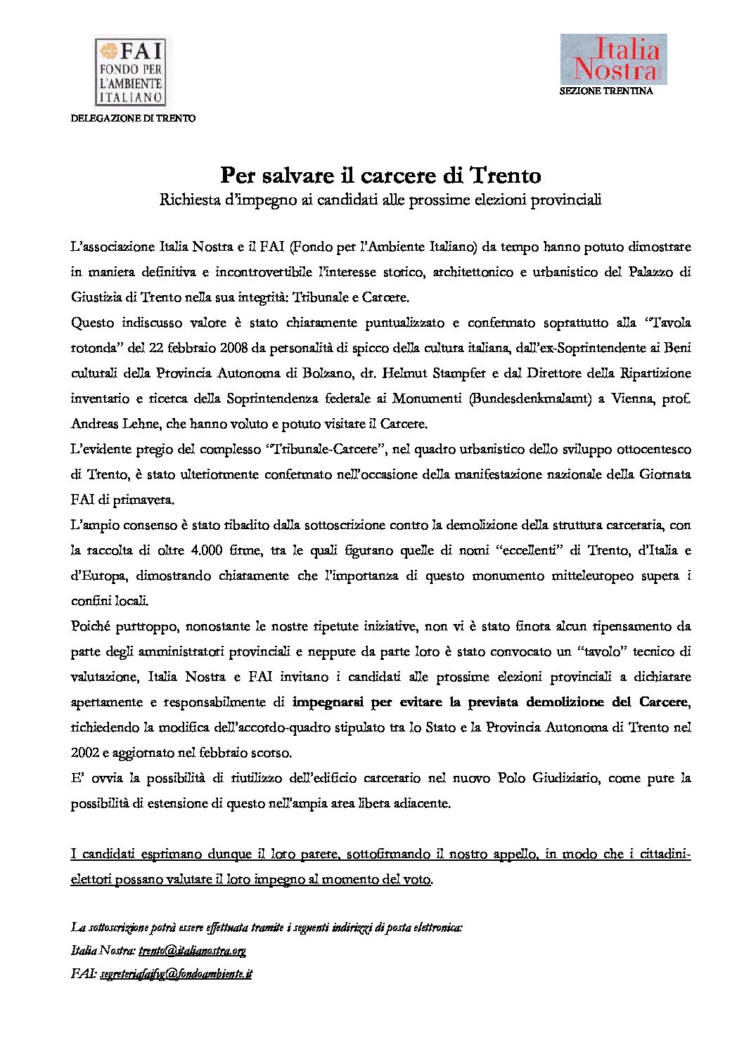 Per salvare il carcere di Trento – Richiesta impegno ai candidati.