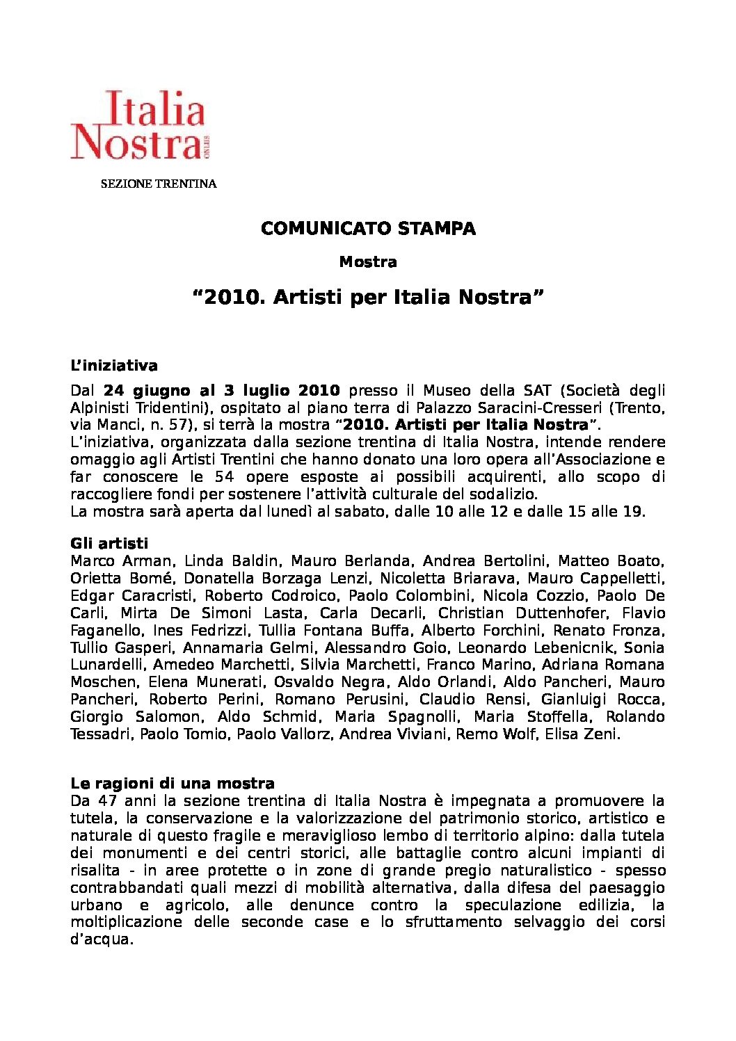 Mostra “2010. Artisti per Italia Nostra” – Comunicato stampa