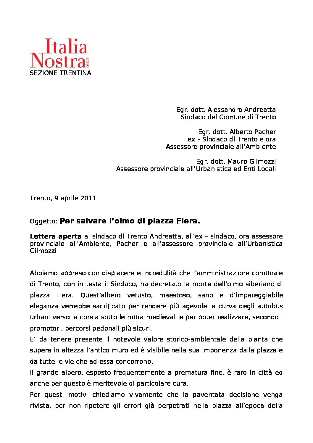 Per salvare l’olmo di Piazza Fiera – lettera aperta di ITALIA NOSTRA