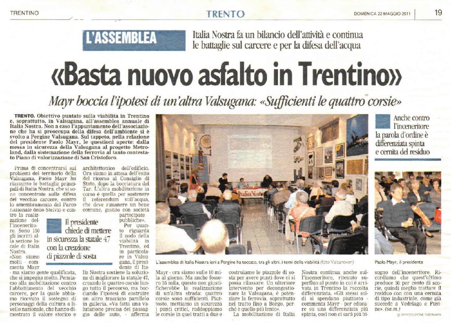 Assemblea ordinaria annuale 2011 – Articolo sul Trentino del 22 maggio, pagina 19