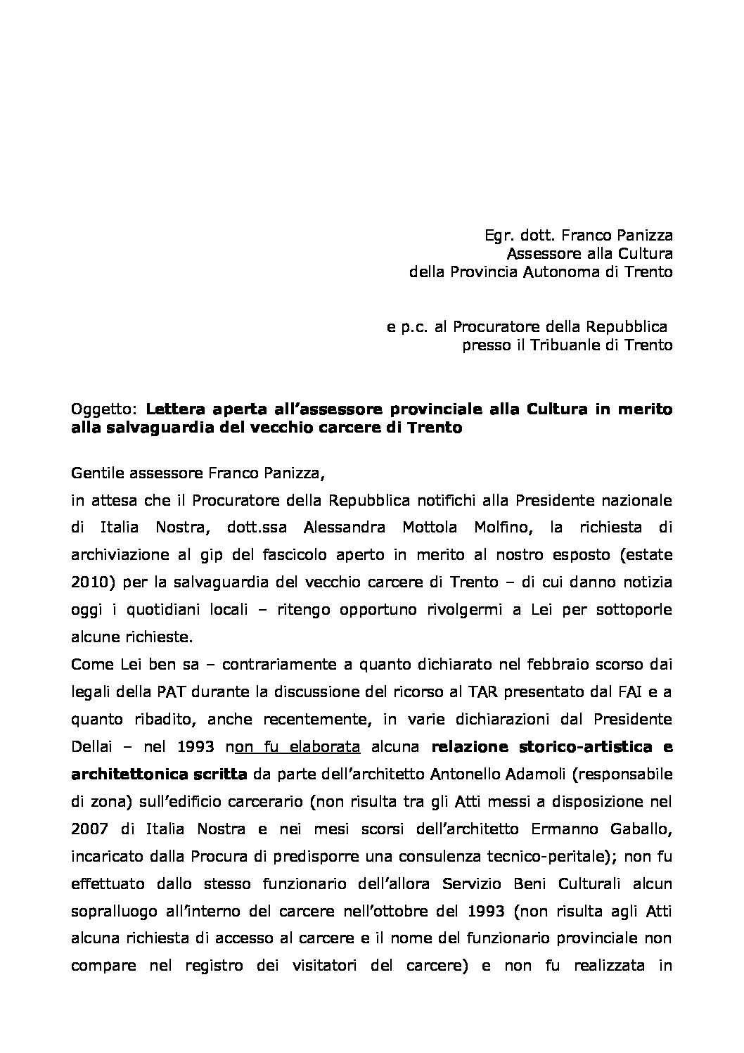Carcere di Trento – Lettera aperta all’assessore provinciale alla Cultura