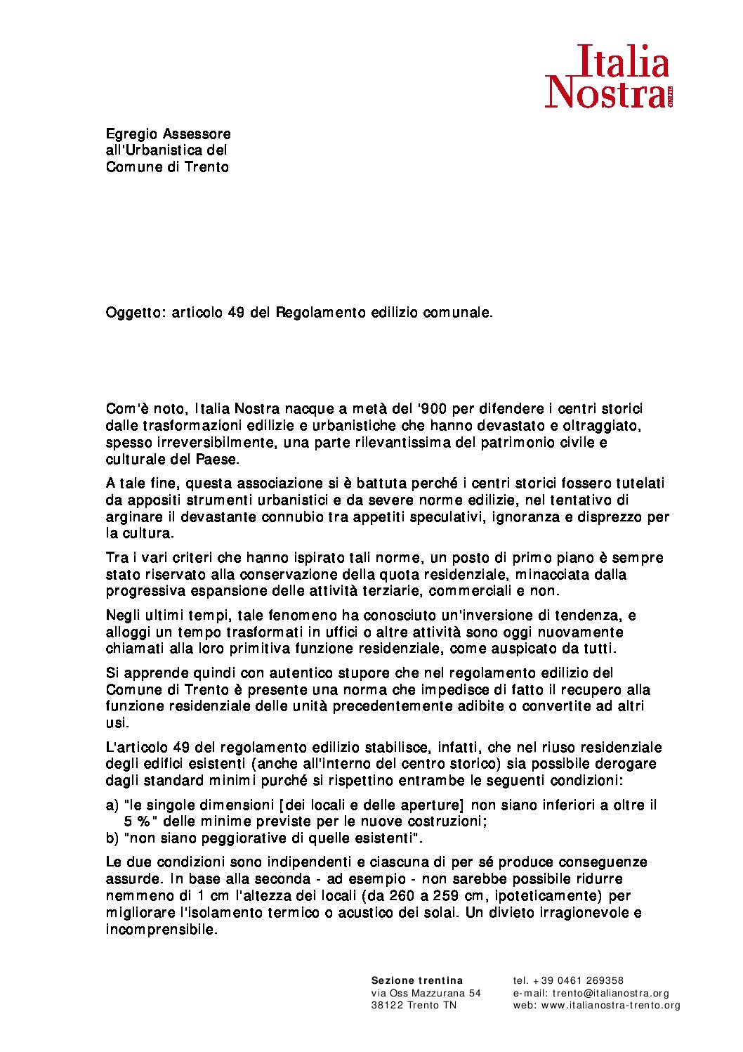 Lettera Italia Nostra a Vicesindaco Comune Trento su regolamento edilizio