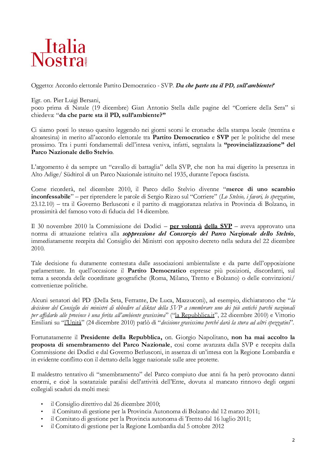 Accordo elettorale PD – SVP. Lettera aperta di ITALIA NOSTRA di Trento e Bolzano su ipotesi provincializzazione del Parco Nazionale dello Stelvio
