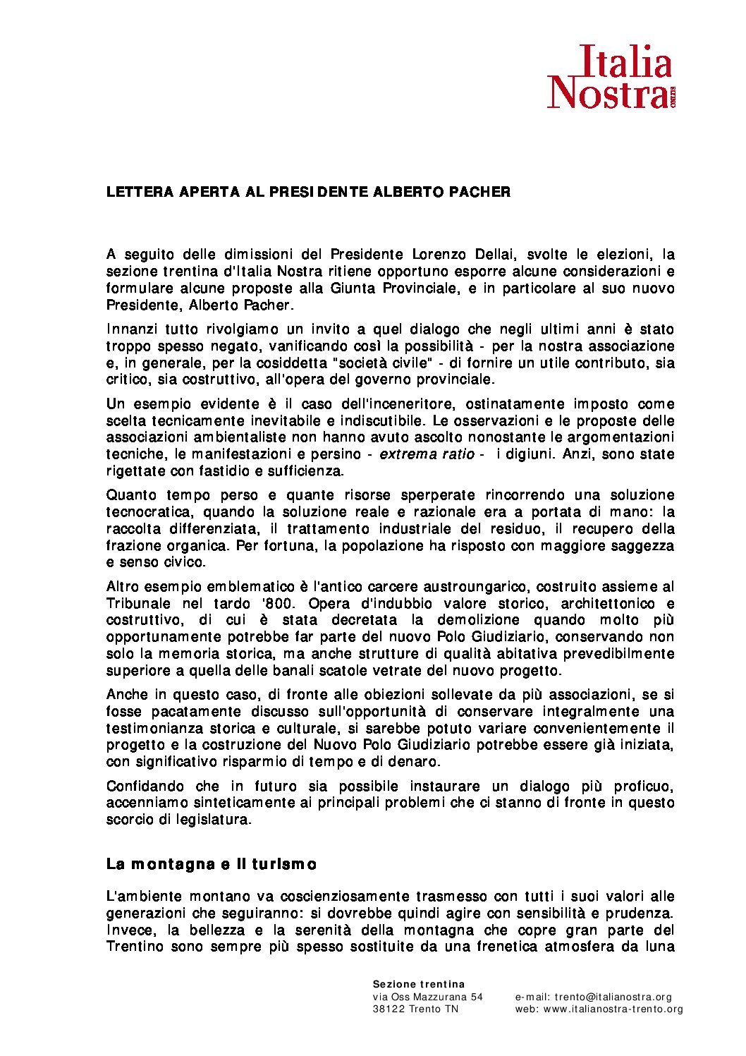 Lettera aperta al Presidente della Giunta Provinciale, dott. Alberto Pacher