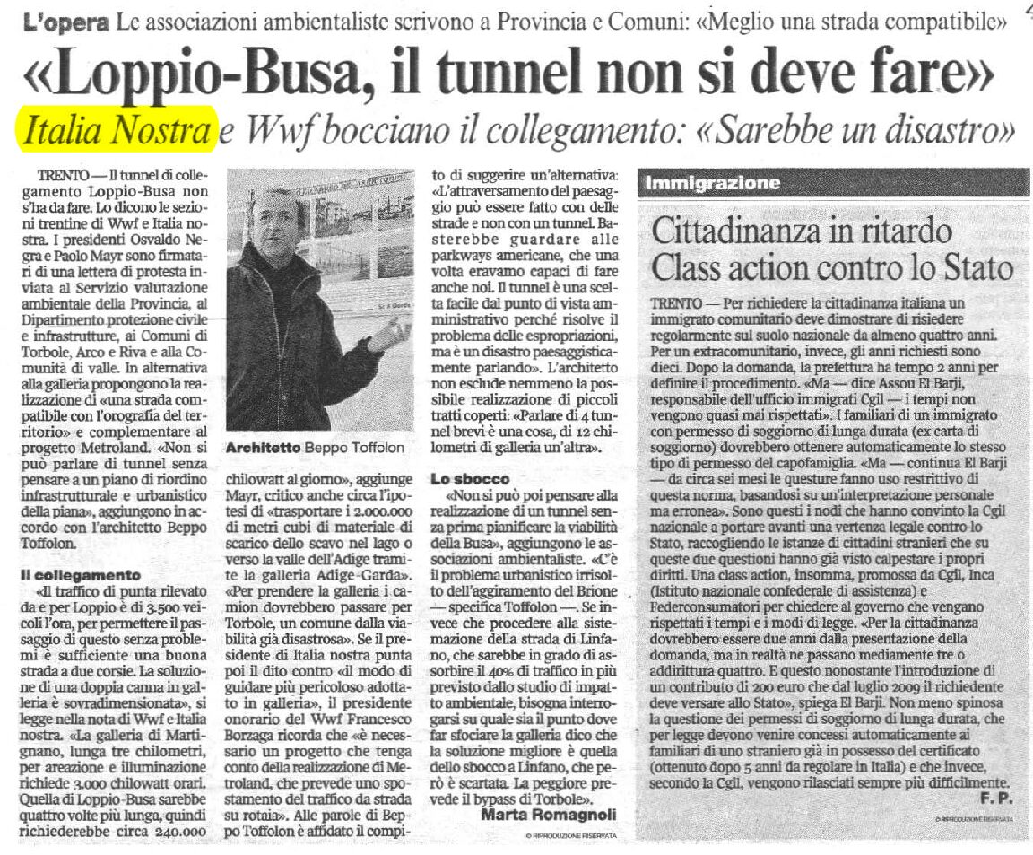 Loppio-Busa, no di Italia Nostra e Wwf al tunnel di collegamento