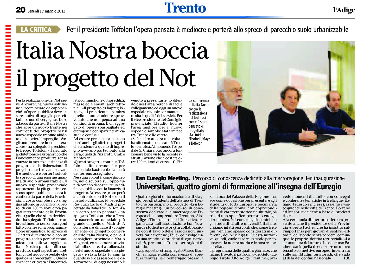 Italia Nostra boccia il progetto del nuovo ospedale di Trento