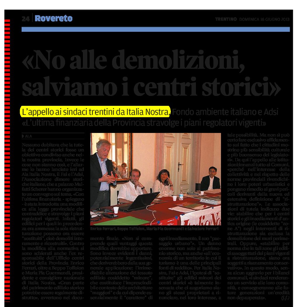 Assemblea di Italia Nostra ad Ala e appello ai sindaci per salvare i centri storici dalle demolizioni