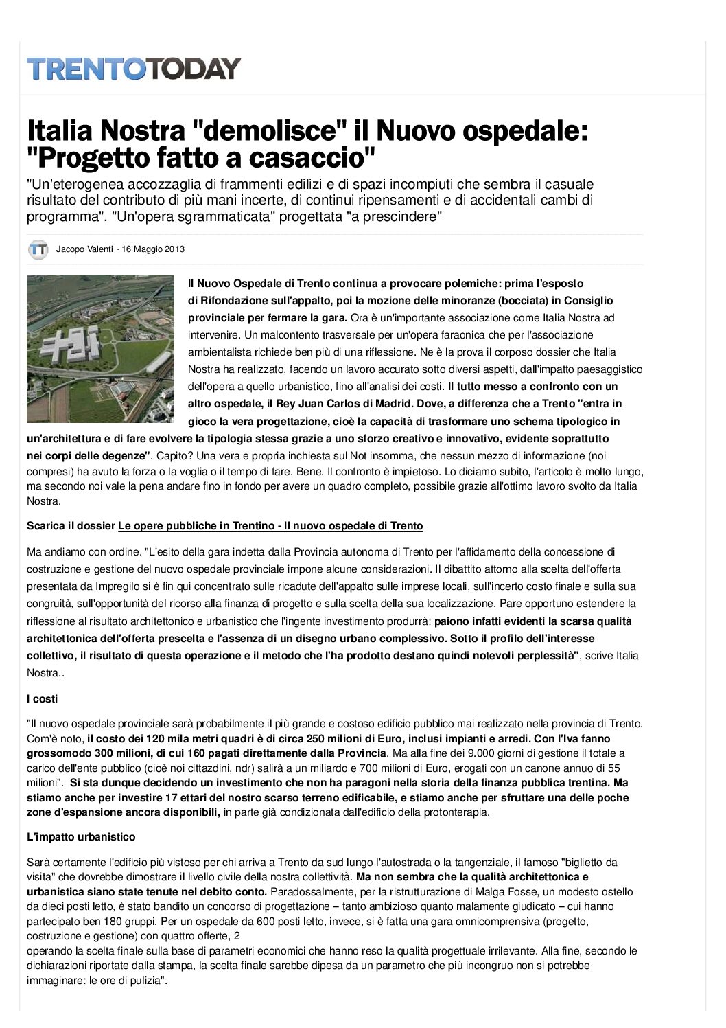 Trento: Italia Nostra “demolisce” il progetto del nuovo ospedale