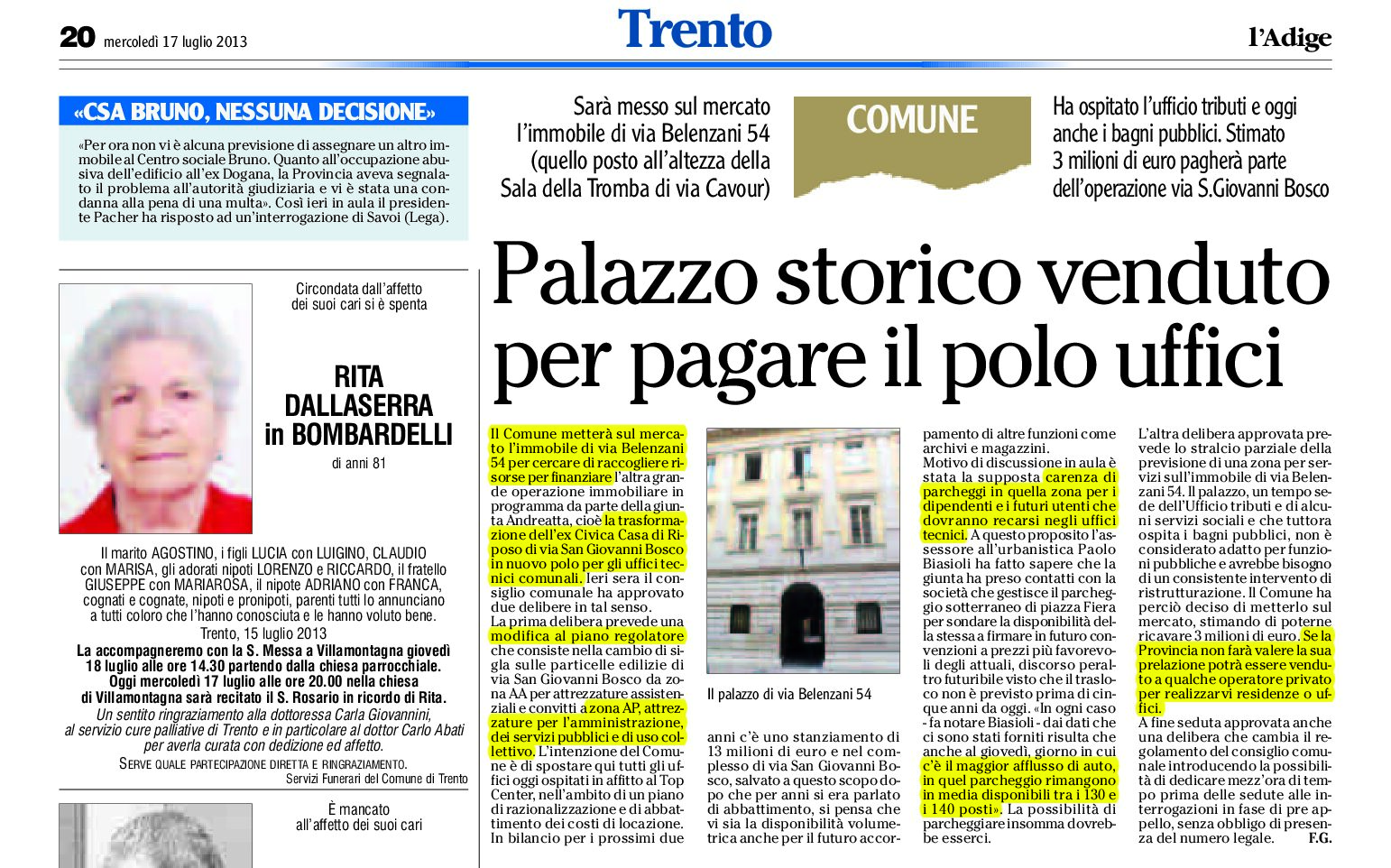 Trento: Palazzo storico venduto dal Comune per pagare il polo uffici.