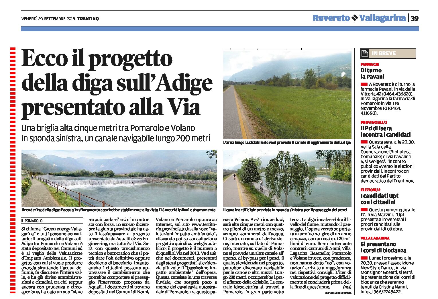 “Green energy Vallagarina”: Il progetto della diga sull’Adige tra Pomarolo e Volano
