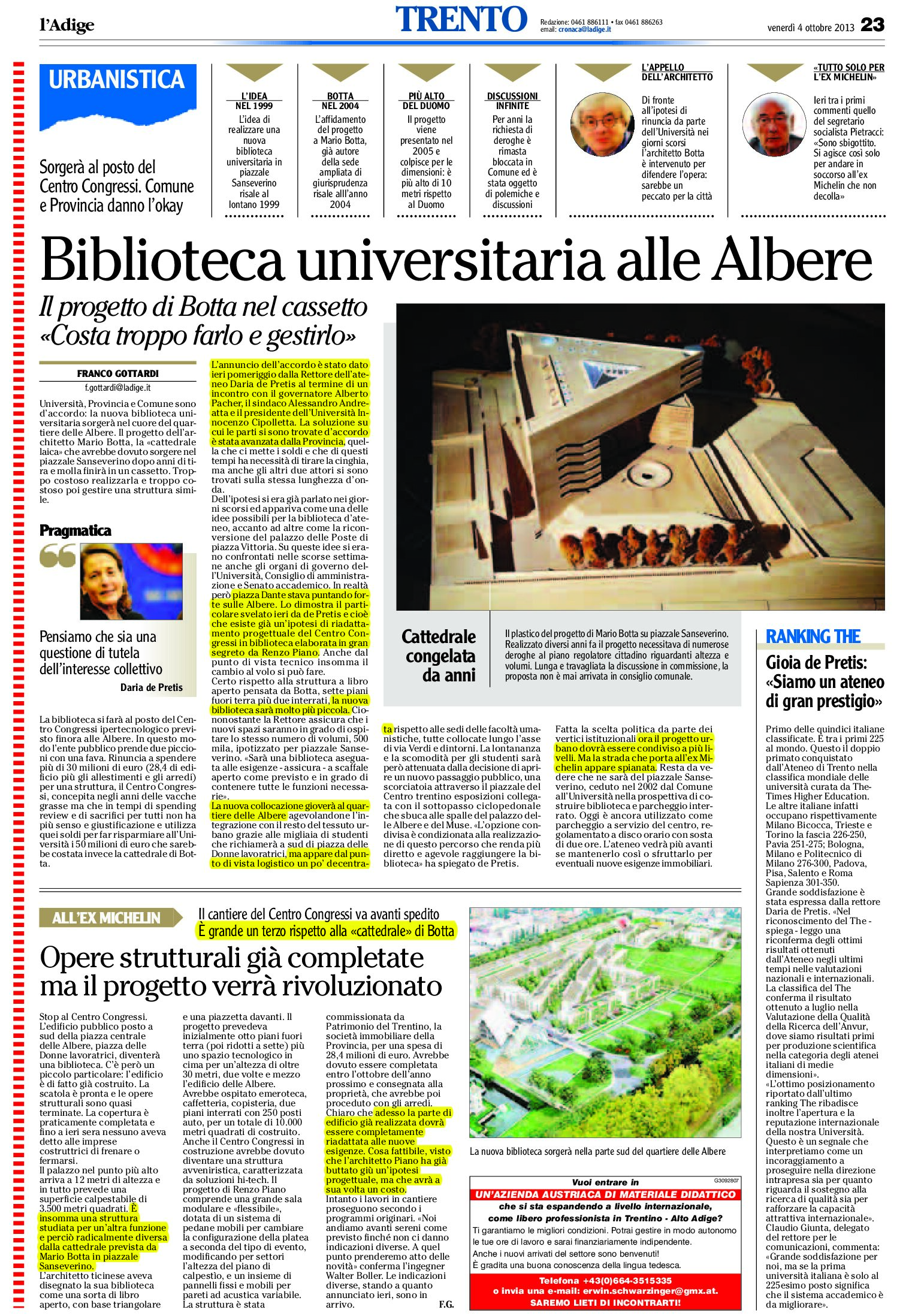 Trento: biblioteca universitaria nel Centro Congressi delle Albere