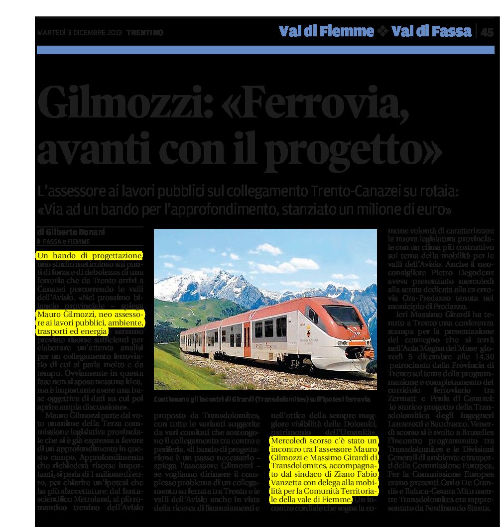 Ferrovia Trento-Canazei: Gilmozzi “avanti con il progetto”.