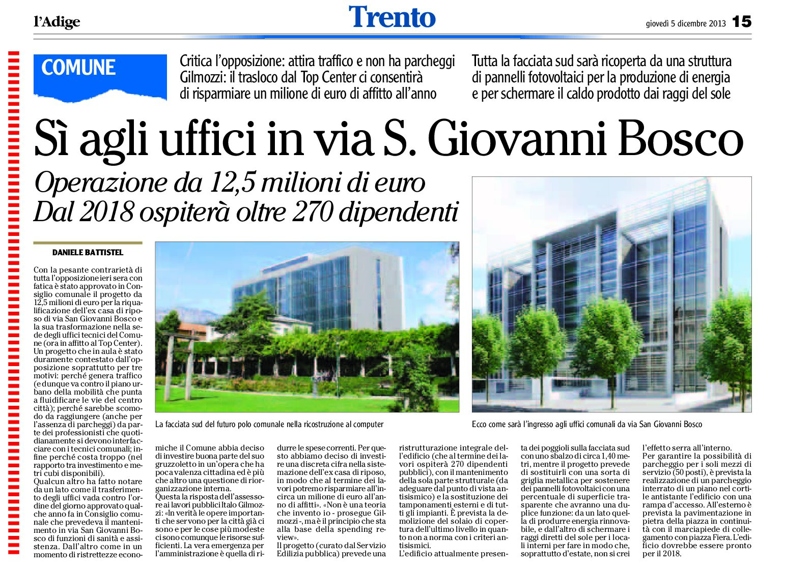 Trento: sì agli uffici del Comune in via S. Giovanni Bosco