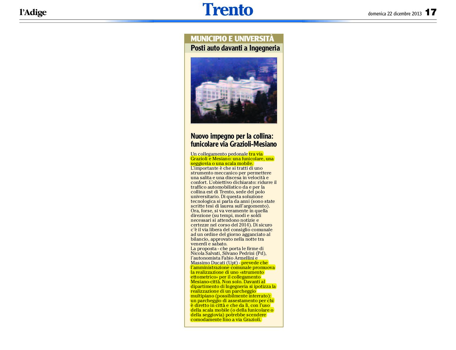 A Trento un nuovo impegno per la collina: la funicolare Grazioli-Mesiano