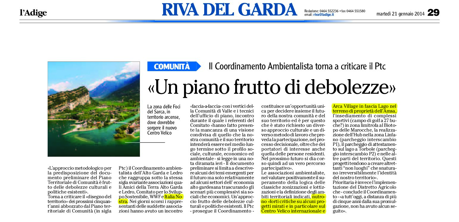 Ptc Alto Garda e Ledro: per il Coordinamento ambientalista “un piano frutto di debolezze”