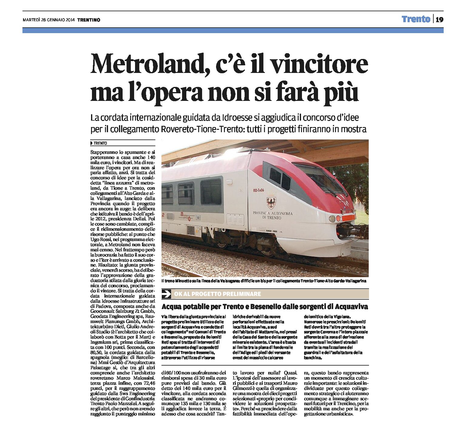 Metroland Rovereto-Tione-Trento: c’è il vincitore ma l’opera non si farà più