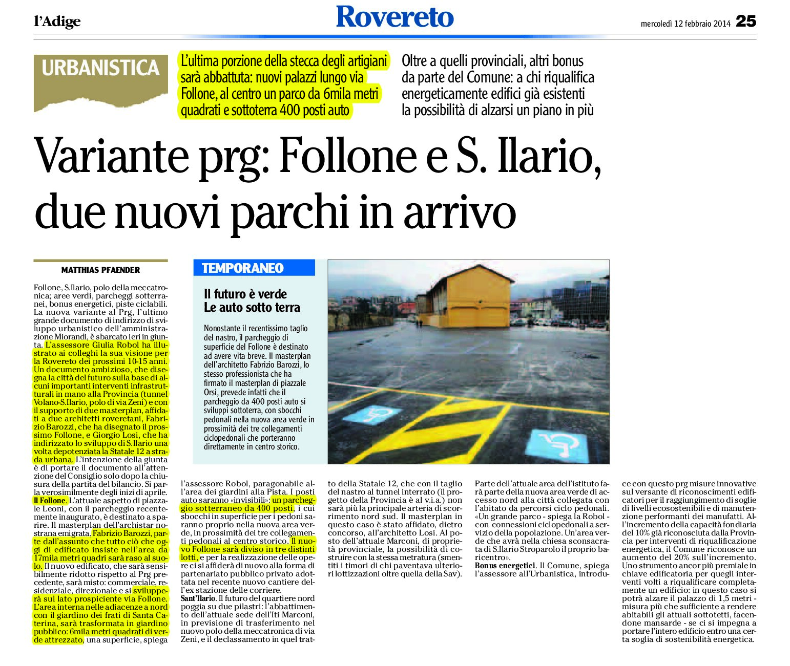 Rovereto: variante Prg, Follone e S.Ilario due nuovi parchi in arrivo.