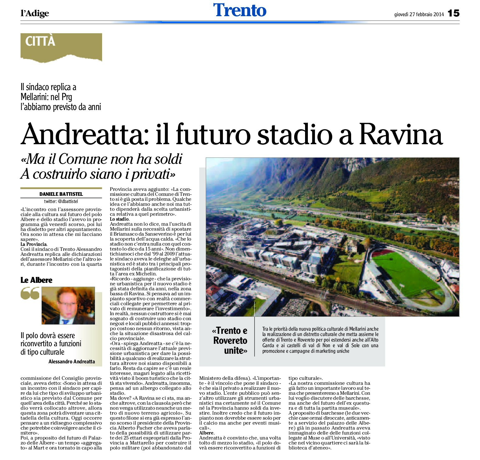 Trento: Andreatta replica a Mellarini “il futuro stadio a Ravina”