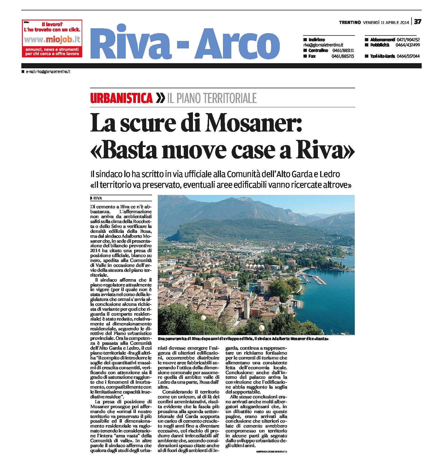 Riva: il sindaco Mosaner “basta nuove case”