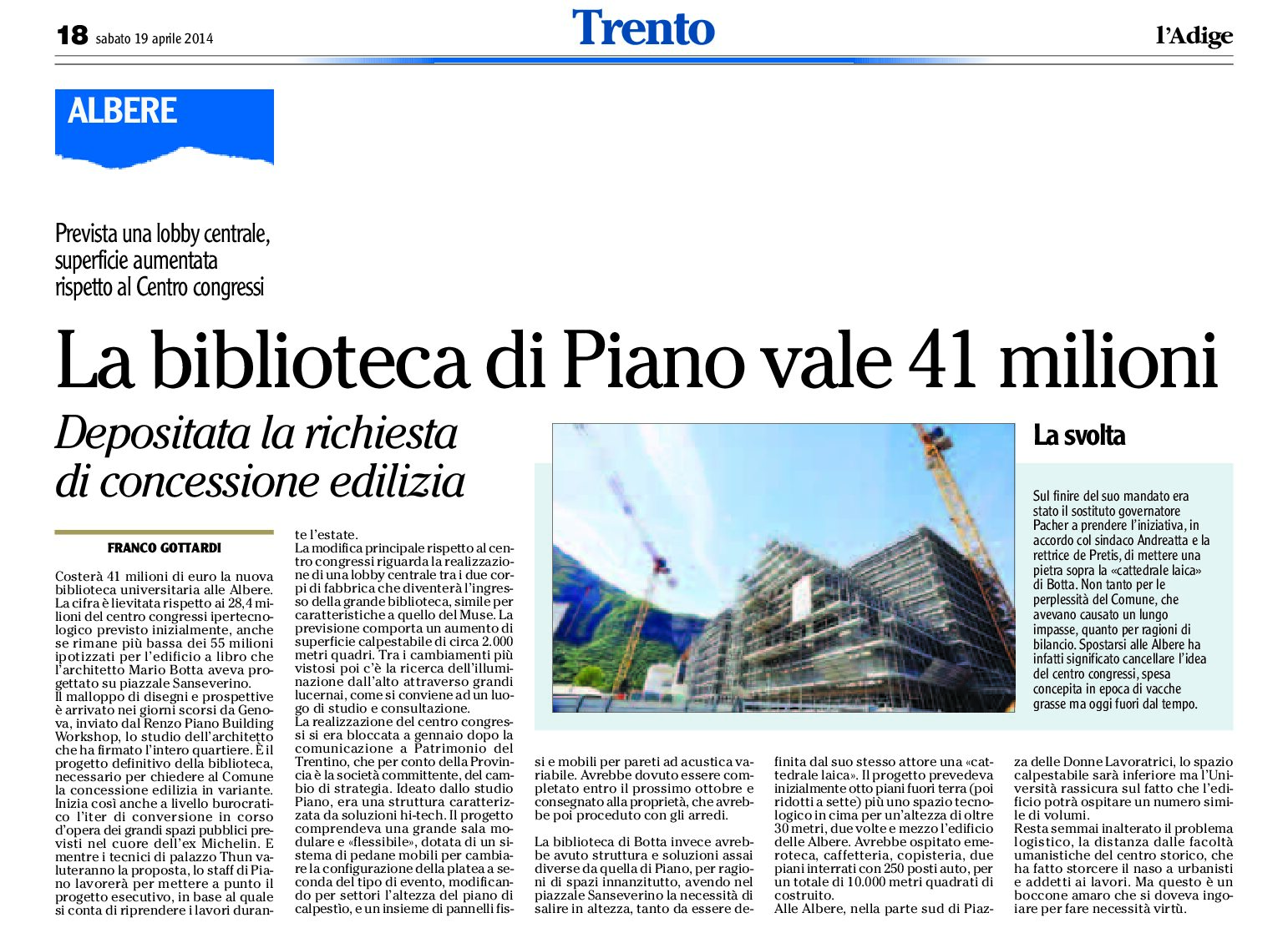 Trento: la biblioteca di Piano vale 41 milioni. Depositata la richiesta di concessione edilizia