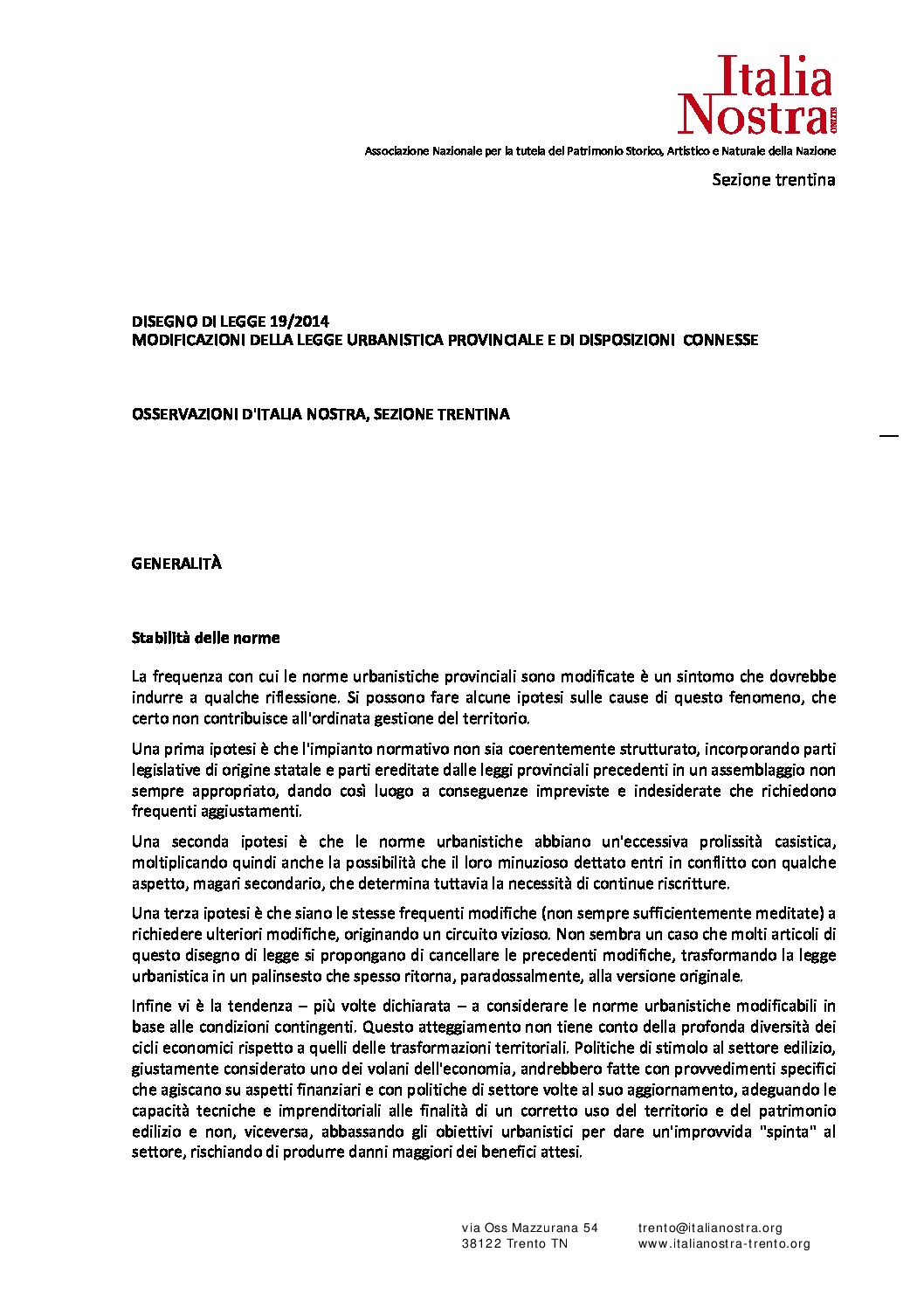 Osservazioni Italia Nostra alla proposta di modifica della Legge urbanistica provinciale