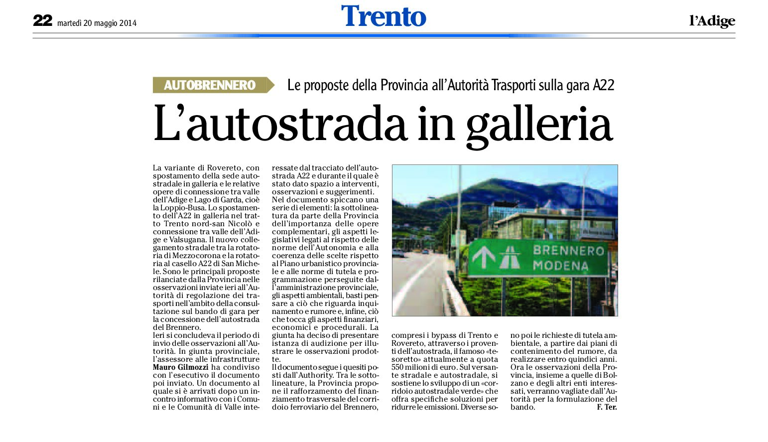 La Provincia propone lo spostamento dell’A22 in galleria nel tratto Trento nord – san Nicolò e connessione tra valle dell’Adige e Valsugana
