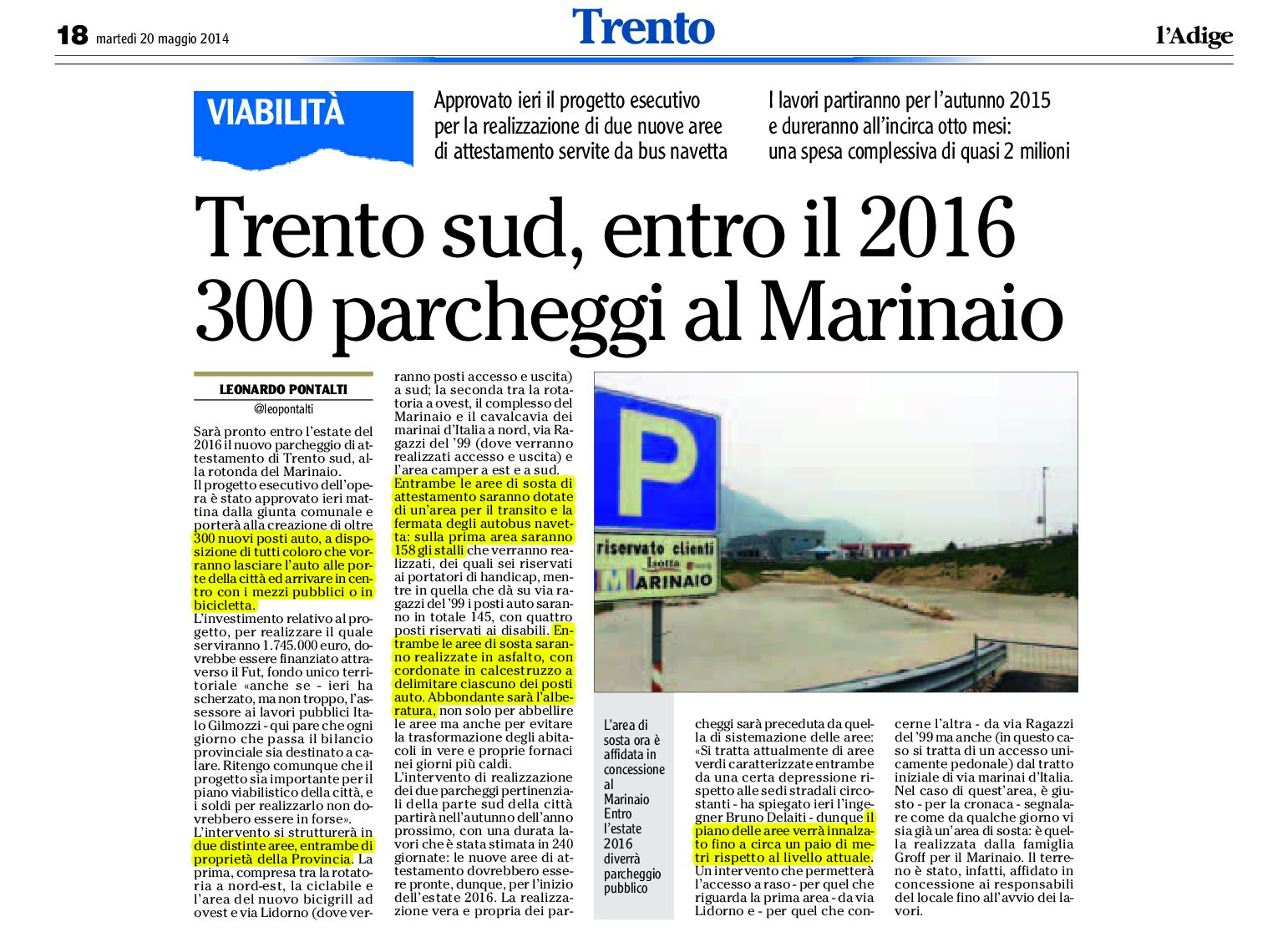 Trento sud: entro il 2016, 300 parcheggi al marinaio