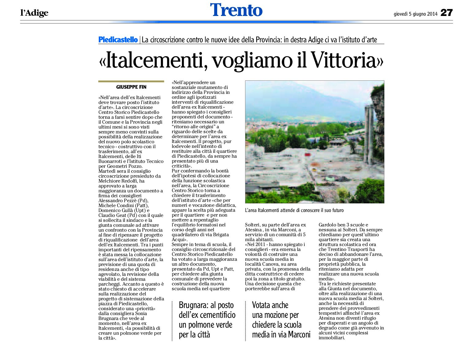 Trento: la Circoscrizione Centro storico Piedicastello “nell’area ex Italcementi vogliamo l’Istituto d’arte”