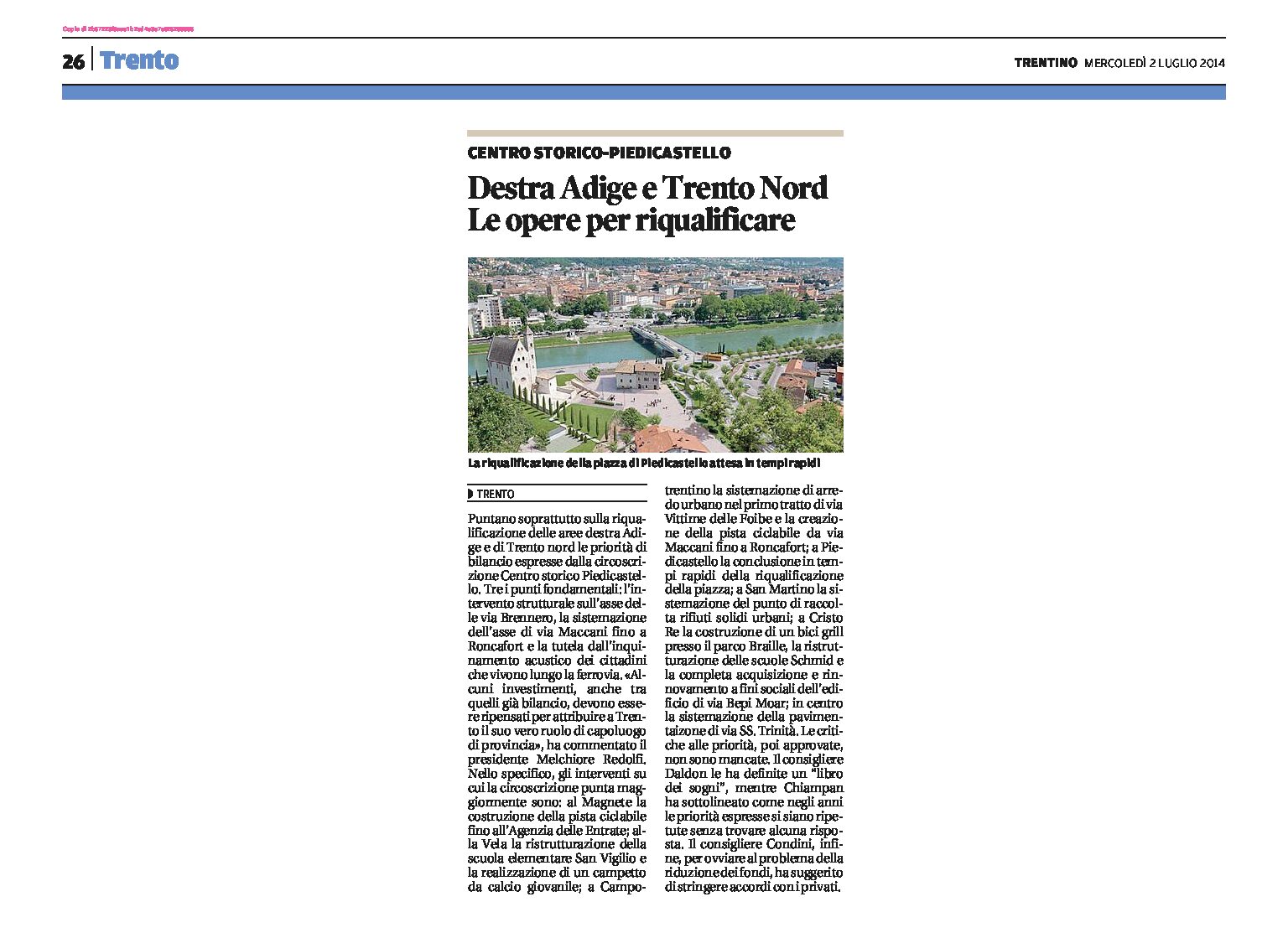 Trento: la Circoscrizione Centro storico Piedicastello punta soprattutto sulla riqualificazione della Destra Adige e di Trento Nord