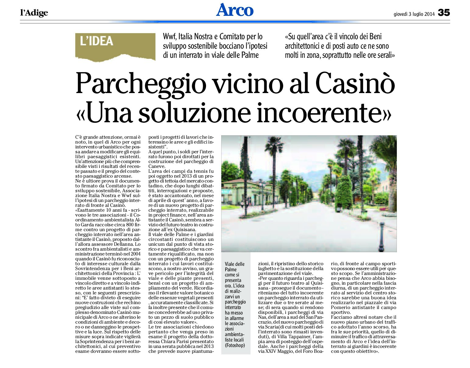 Arco: parcheggio vicino al Casinò, una soluzione incoerente per il Comitato per lo sviluppo sostenibile, Italia Nostra e Wwf