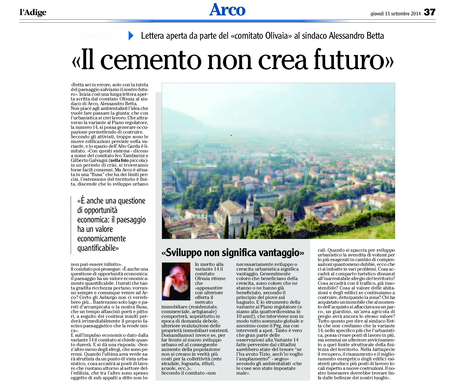 Arco: Lettera aperta del Comitato Olivaia al sindaco Betta “Il cemento non crea futuro”