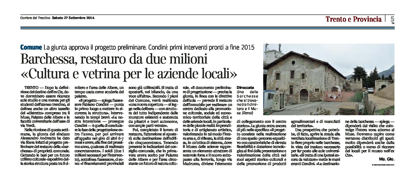Trento, Albere: Barchessa, restauro da 2 milioni