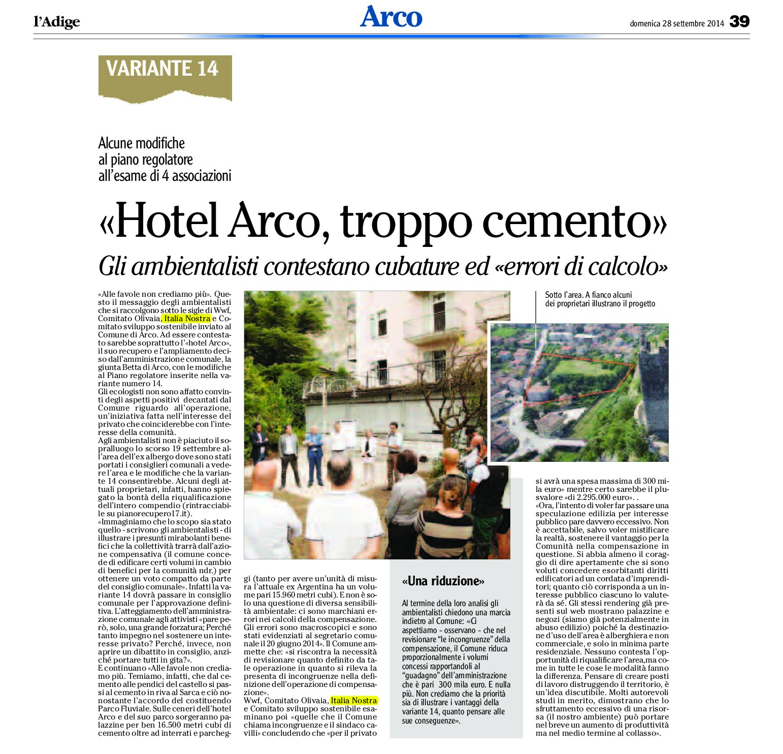 Hotel Arco: gli ambientalisti contestano cubature e “errori di calcolo”