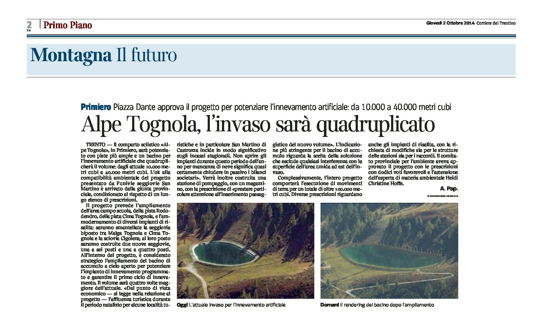Primiero: Alpe Tognola, l’invaso sarà quadruplicato