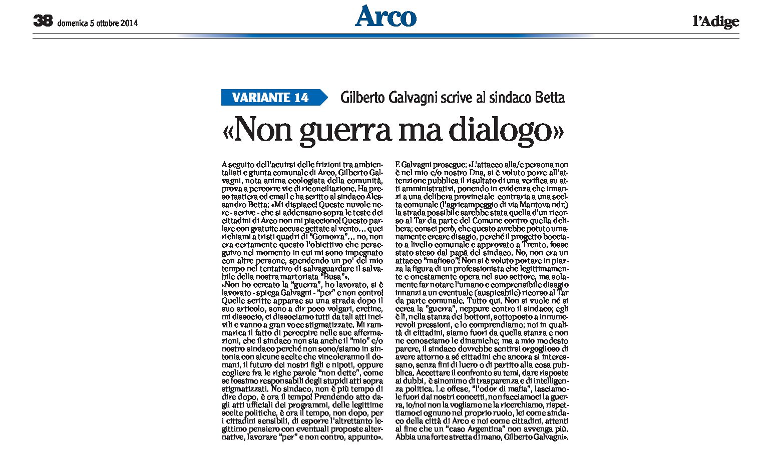 Arco: Galvagni scrive al sindaco Betta “non guerra ma dialogo”