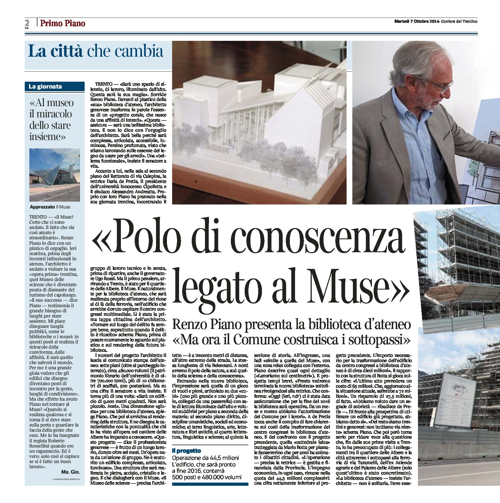 Trento, Albere: Renzo Piano presenta la biblioteca. Polo di conoscenza legato al Muse