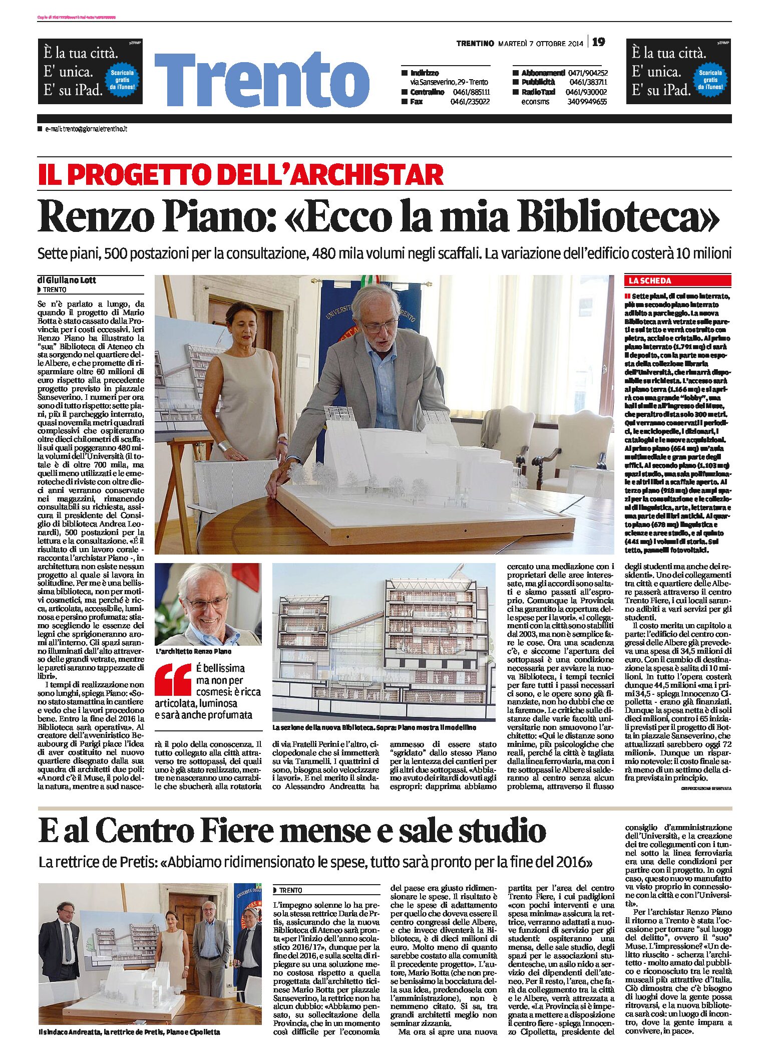 Trento, Albere: Renzo Piano “ecco la mia Biblioteca”.