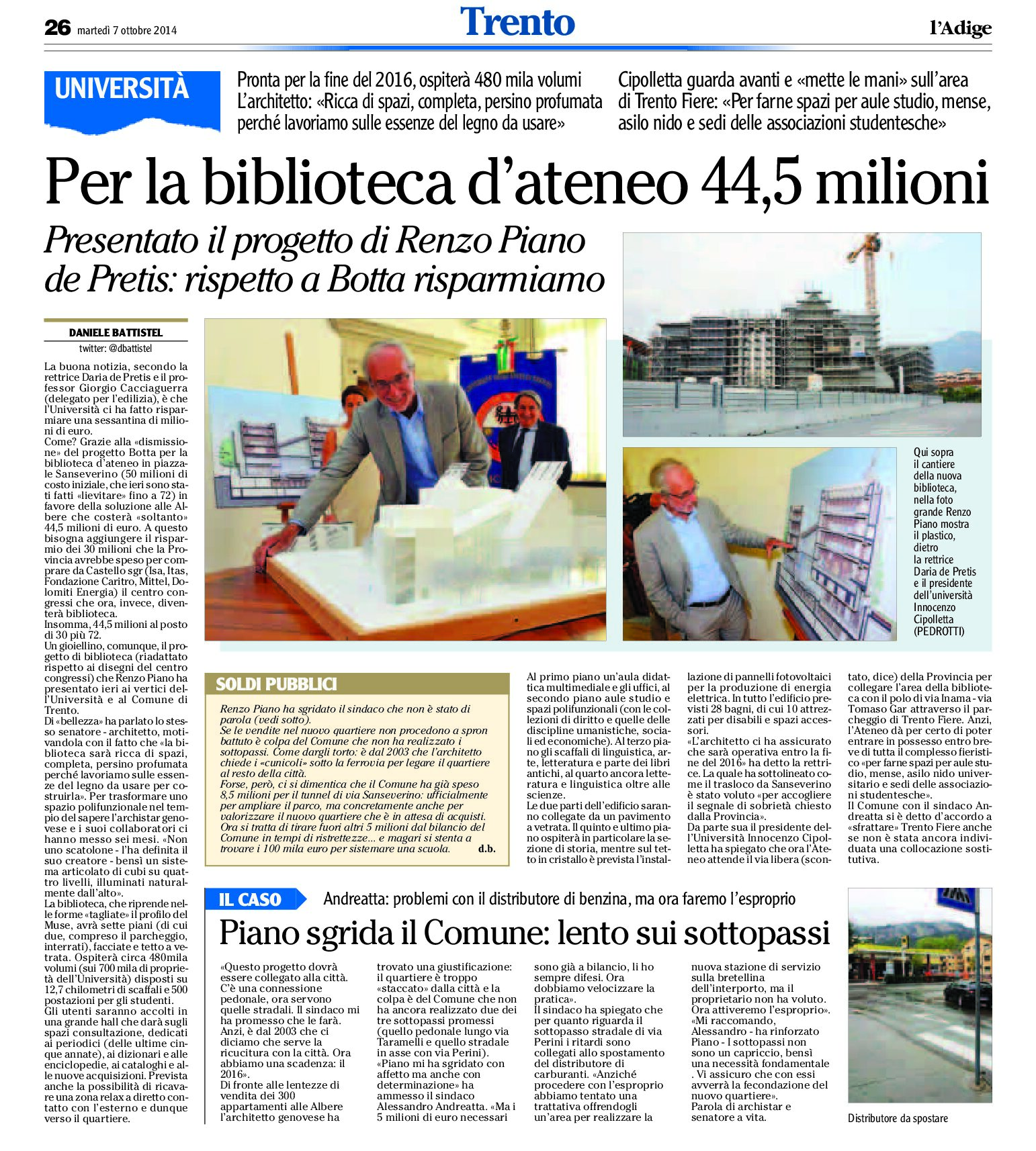 Trento, Albere: Renzo Piano e i costi della bibliotaca universitaria