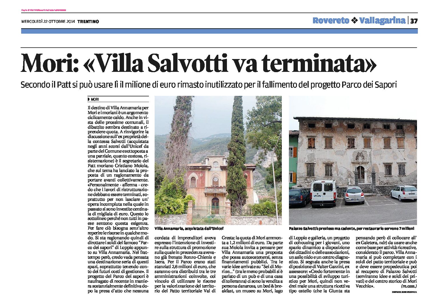 Mori: Villa Salvotti va terminata