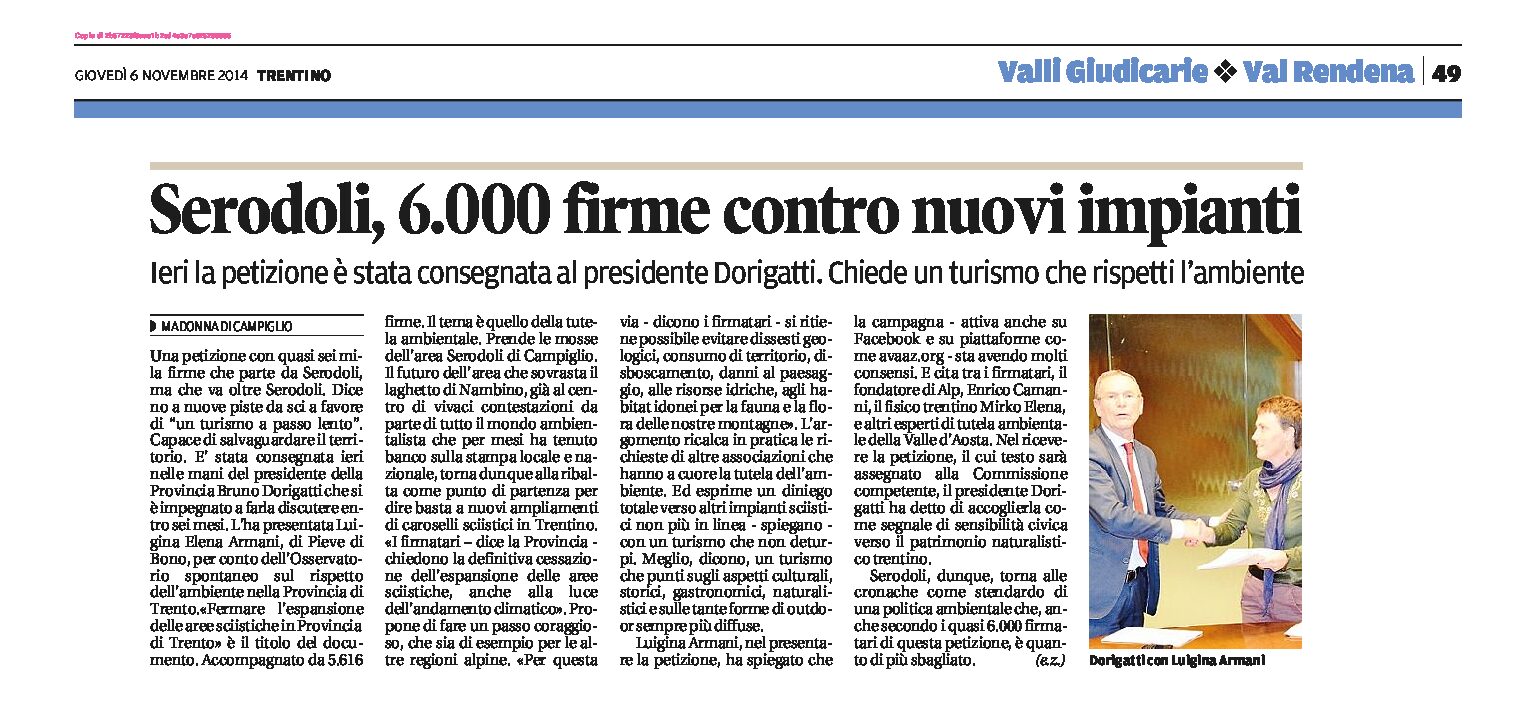 Serodoli: consegnate a Dorigatti 6.000 firme contro nuovi impianti e per un turismo che rispetti l’ambiente.
