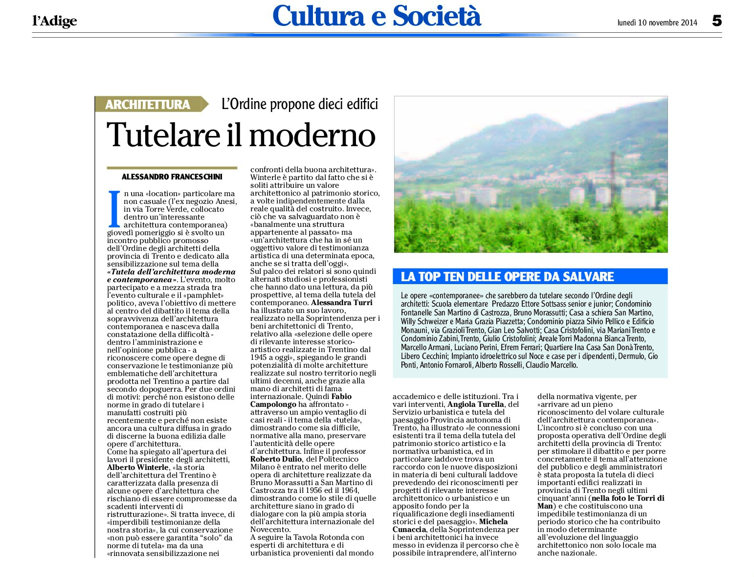 Trentino: la top ten delle opere moderne da salvare secondo l’Ordine degli architetti
