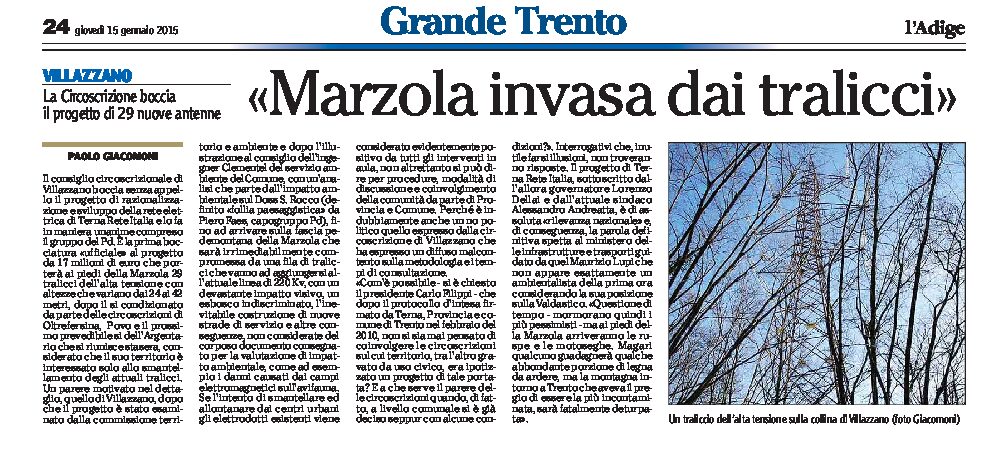 Villazzano: Marzola invasa dai tralicci. La Circoscrizione boccia il progetto