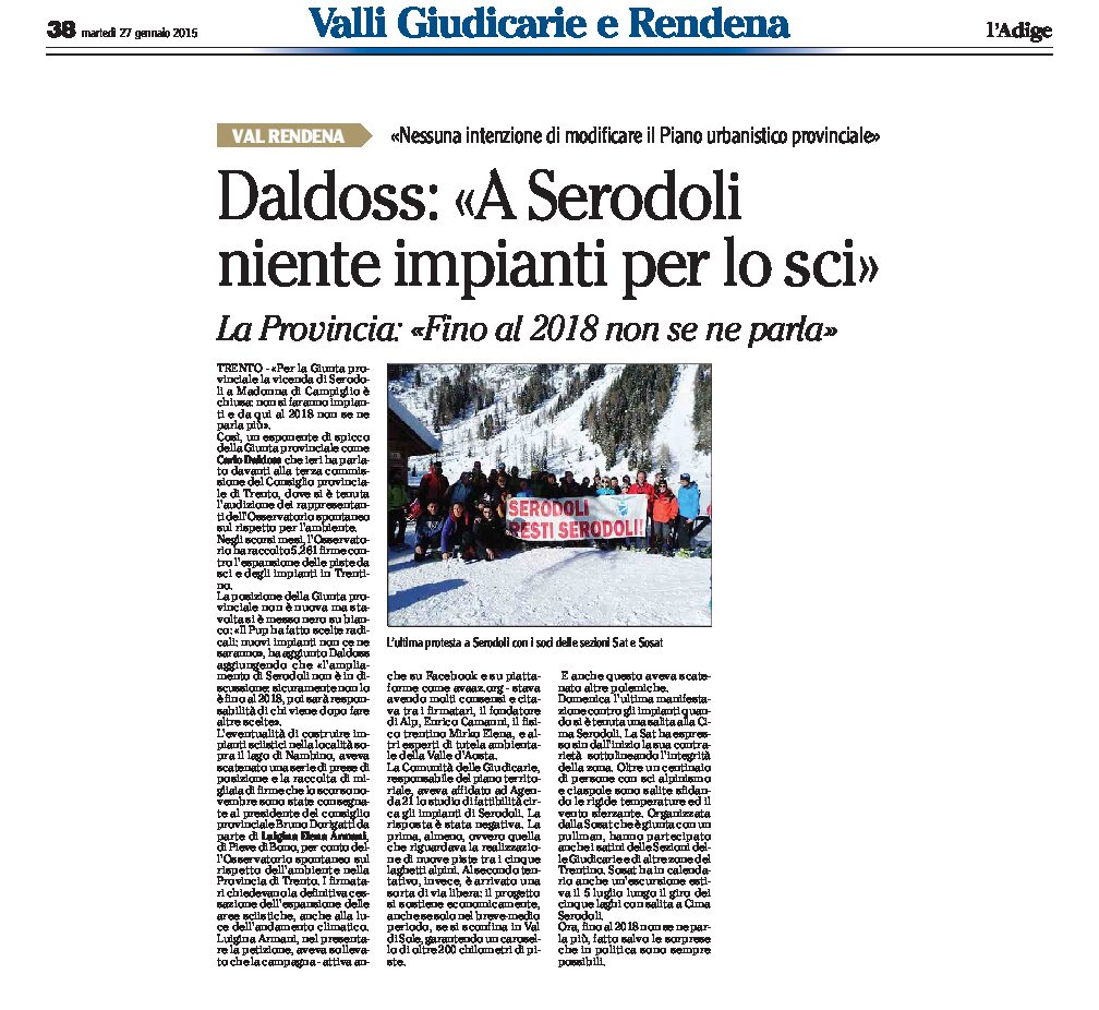 Serodoli: Daldoss assicura “a Serodoli niente impianti per lo sci”. Fino al 2018 non se ne parla