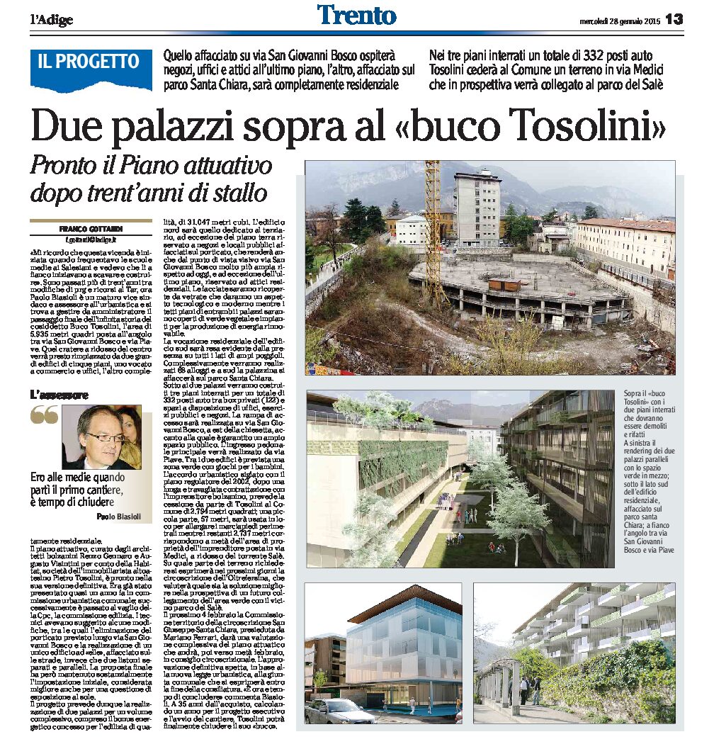Trento: due palazzi sul “buco Tosolini”. Pronto il piano attuativo.