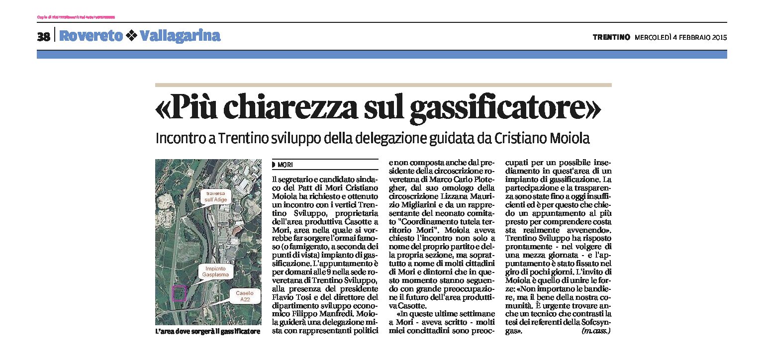Mori, Casotte: più chiarezza sul gassificatore. Incontro a Trentino Sviluppo