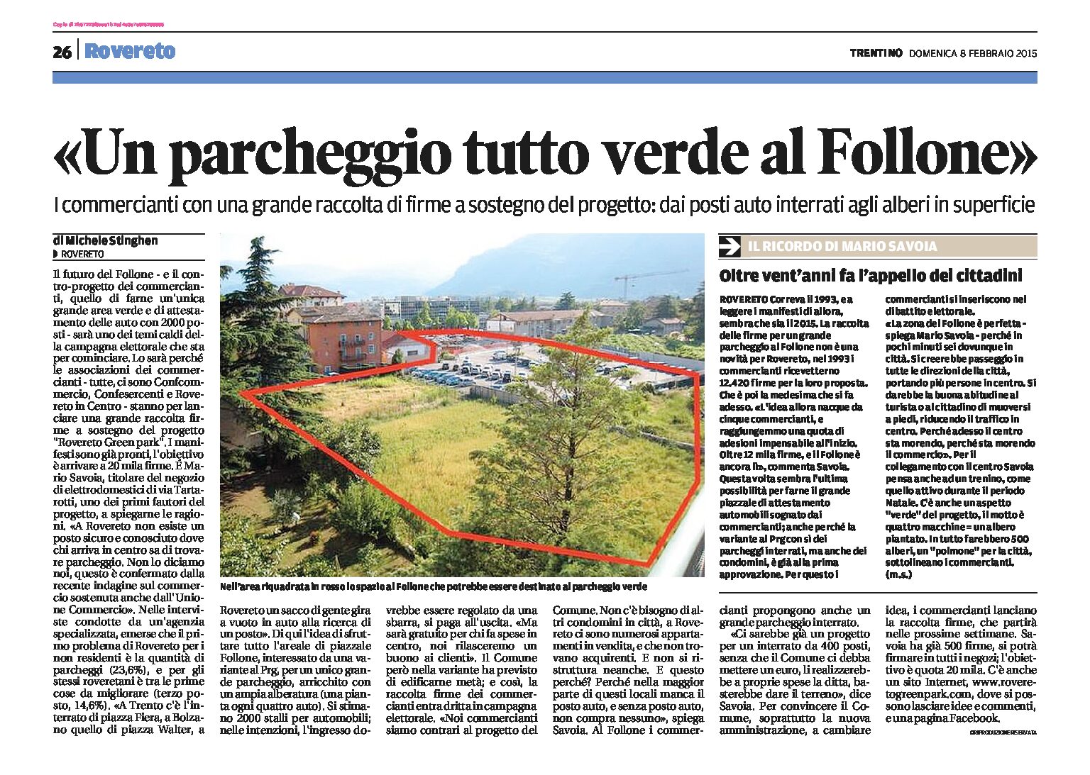 Rovereto, Follone: raccolta firme per “Rovereto green park”, il contro-progetto dei commercianti