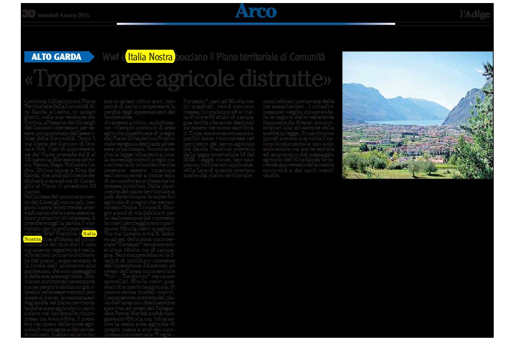 Alto Garda: la Comunità e Italia Nostra bocciano il piano territoriale di Comunità. Troppe aree agricole distrutte