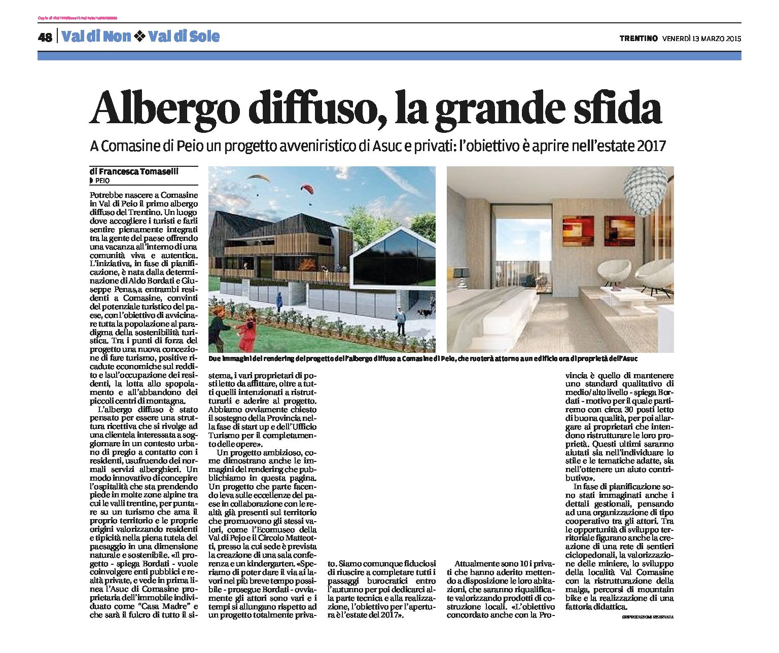 Val di Pejo: a Comasine un progetto avveniristico, il primo albergo diffuso nel Trentino